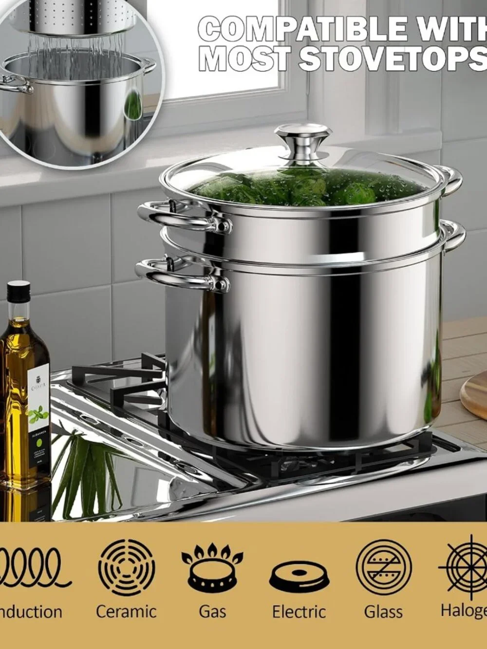 8 Quart Stainless Steel Pasta Pot with Strainer Lid - 3-in-1 Cooking Essential